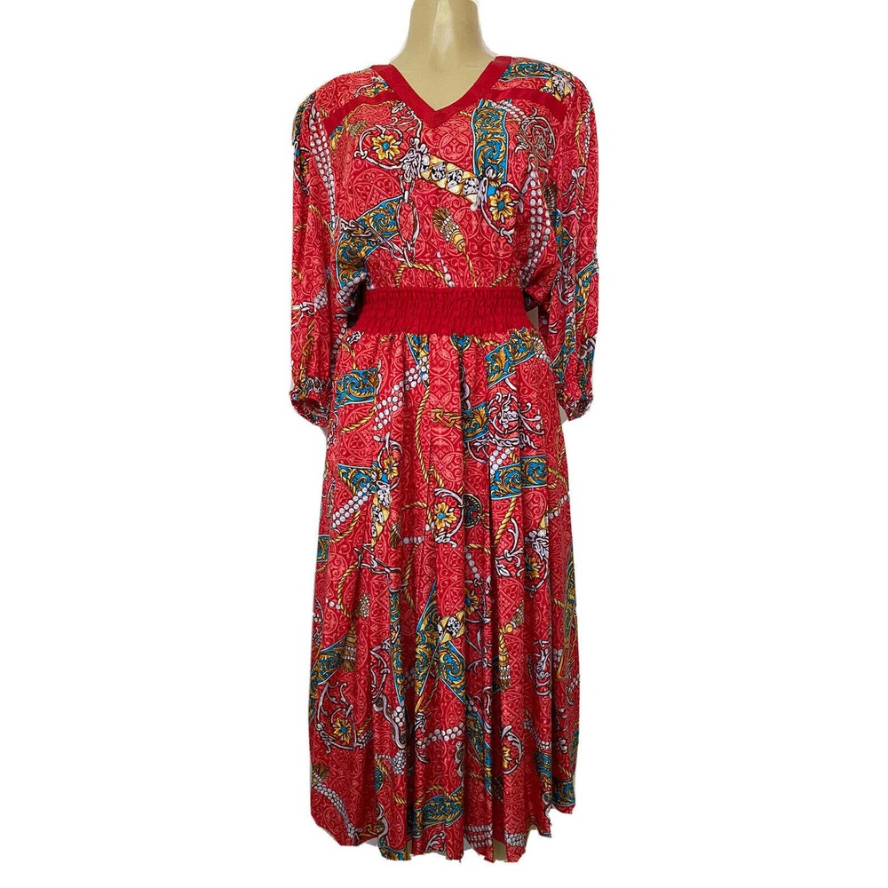 Diane Freis Silk Midi Dress Red Pearl Print 3/4 Sleeve V Neck Elastic Wa…